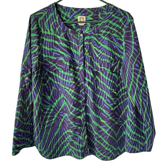 Anne Klein Women’s L Flowy Abstract Print Blouse Button Up Roll Tab Sleeves EUC - Picture 1 of 11
